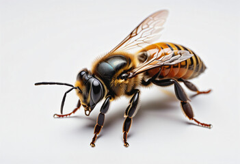 Close-up photo of a bee on white background