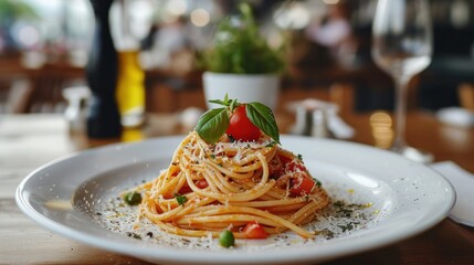 On a white plate, there was delicious spaghetti. on the restaurant table