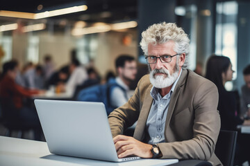 Mature senior IT professional working with laptop in cafe. Generative AI