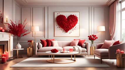 Valentine's day interior design. Cozy and warm Valentine's day living room. Generative AI