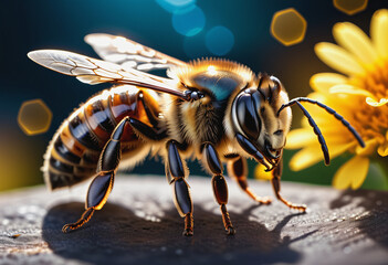 Close-up photo of a bee - obrazy, fototapety, plakaty