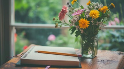 Picture of a pencil placed on a notebook, on a table, in a vase of flowers, high angle.