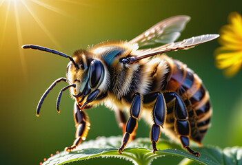 Close-up photo of a bee - obrazy, fototapety, plakaty