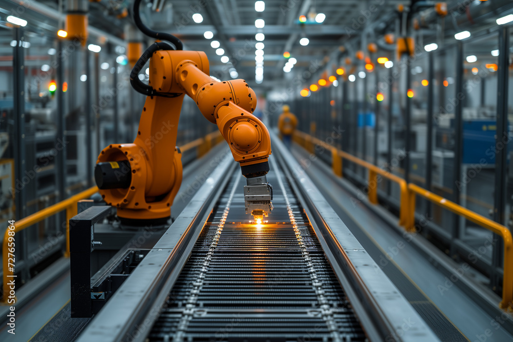 Poster an industrial robotic arm with intricate tooling performs detailed tasks on a manufacturing assembly