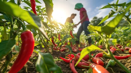 Thai gardeners are Picking peppers in the garden Red chili, low view