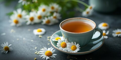 Obraz na płótnie Canvas Cup of herbal tea with chamomile flowers on a gray ground.