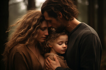 Naklejka premium Lovely family sleeping and hugging together. Adorable child girl, mother and father. Generative AI