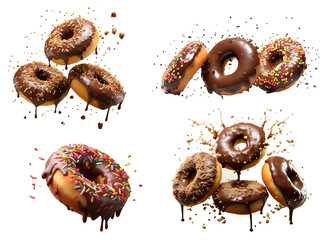 Collection of round donut doughnut, chocolate set, flying falling with sprinkles nuts topping frosting on transparent background cutout, PNG file. Many assorted different. Mockup template for artwork - obrazy, fototapety, plakaty