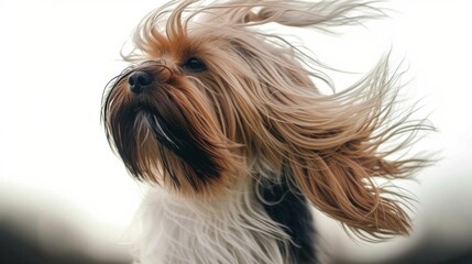 Naklejka premium A dog with long hair blowing in the wind in style of fashion editorial. Dog coat on bright background. Grooming