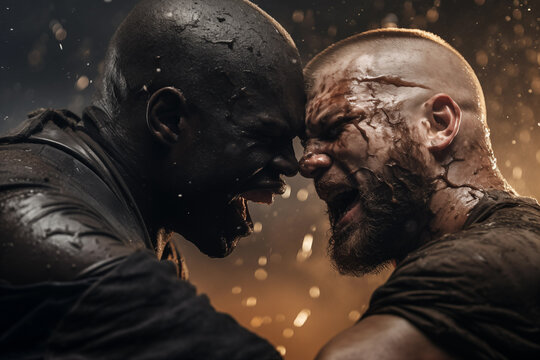 Combat exchange with extreme close-ups of clinch and grappling action. Generative AI