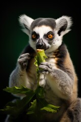 A detailed view of a lemura as it consumes a leaf.