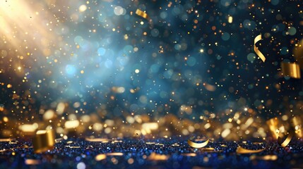 Fototapeta na wymiar Abstract festive background with glitter, confetti, ribbons and free place for text. New Year, Christmas, birthday, holiday celebration banner