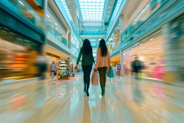 Blurred background of modern shopping mall with some shoppers. Stylish women looking at showcase, motion blur. Abstract motion blurred shoppers with shopping