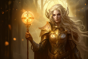 Fototapeta na wymiar Elf in golden armor adorned with elven symbols, holding an elven staff with a glowing crystal at the top. Generative AI