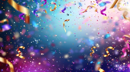 Abstract festive background with glitter, confetti, ribbons and free place for text. New Year, Christmas, birthday, holiday celebration banner