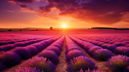 A beautiful landscape with a lavender field at sunset. Blooming purple lavender flowers in the...