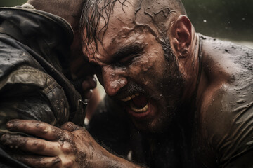 Combat exchange with extreme close-ups of clinch and grappling action. Generative AI