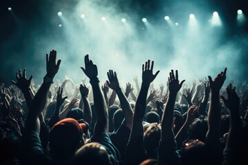 A large group of people at a concert raise their hands in excitement, creating a lively atmosphere. - obrazy, fototapety, plakaty