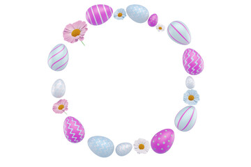 Circle of Easter eggs and flowers. 3d rendering