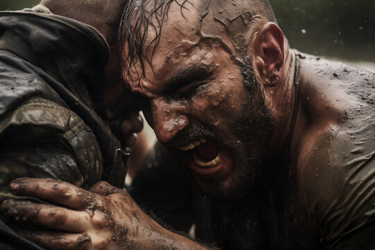 Combat exchange with extreme close-ups of clinch and grappling action. Generative AI - Powered by Adobe