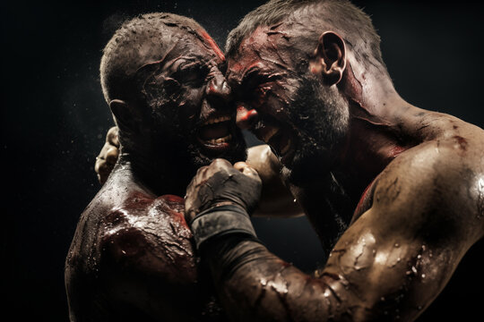 Close combat exchange with extreme close-ups of clinch and grappling action. Generative AI - Powered by Adobe