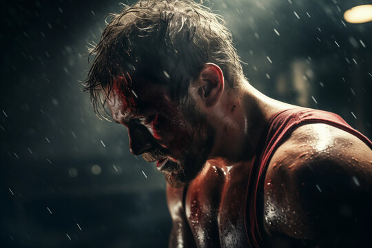 Dramatic shot emphasizing blood and sweat with a fighter wiping sweat during a break. Generative AI