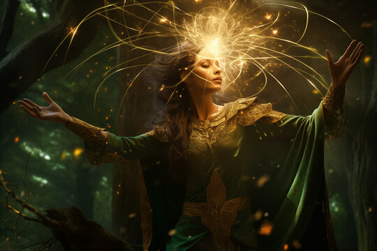 Elf casting a spell with magical runes in the air, dressed in elaborate green and gold attire. Generative AI