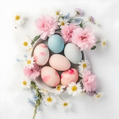 Easter holiday banner with colorful eggs and sping flowers	
