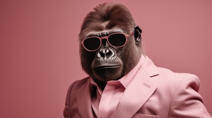 A monkey wearing a pink suit and sunglasses posing for the camera in a playful and stylish manner.