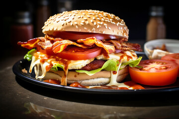 big chicken sandwich with bacon, bbq sauce, cheese, onions, and tomatoes