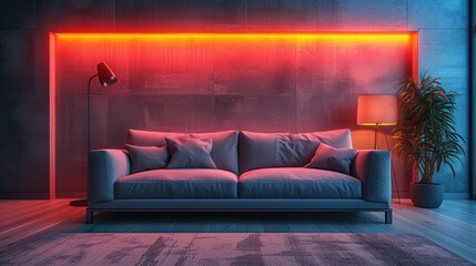 Minimalist living room with a small sofa, floor lamp and neon lighting.