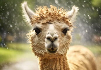 A detailed view of a llama standing in the rain.