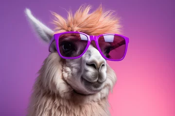 Tuinposter A llama wearing stylish purple sunglasses stands against a vibrant pink background. © pham