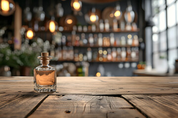 Wooden Table with Blurry Perfume Boutique Decor background