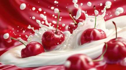 Fresh cherry berries with milk splashes. Milkshake or smoothie healthy food background