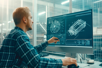 A focused engineer reviews complex mechanical design schematics on a large computer screen in a modern office. - obrazy, fototapety, plakaty