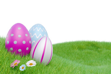 Easter eggs on a meadow in the grass. 3D rendering