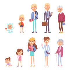 Human life cycle vector illustration set. Woman and man stages of growth from newborn to old age. Children, adults and elderlies cartoon characters. Different generations