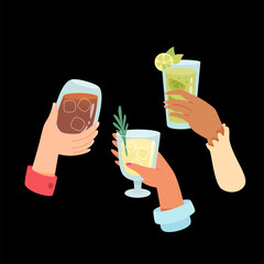 Hands with glasses of alcohol cocktails and drinks vector illustration. Friends holding goblets with wine, whisky, mojito. People celebrating holiday with toasts and cheering. Party, event, concept