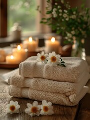 spa still life with candles and towels, flowers