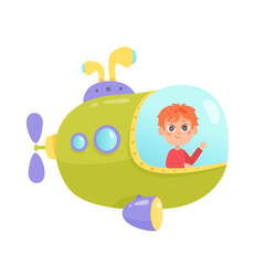 Cute sea submarine with kid vector illustration. Cartoon isolated happy funny boy looking out porthole of ship and welcome. Travel in bathyscaphe with friends. Underwater adventure
