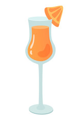 Glass of cocktail mimosa with orange vector illustration. Cartoon summer alcohol drink isolated on white background. Celebration with toasts and cheering. Party time. Beverage menu concept