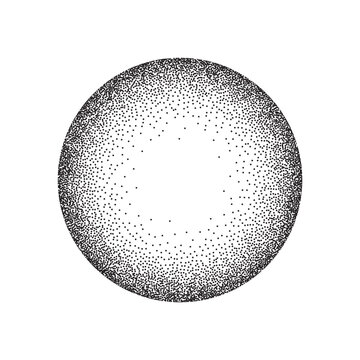 Radial grain pattern, pointillism vector illustration. Abstract circle with gradient stipple noise texture and dots gradation with circular spin effect, monochrome dotwork on white background