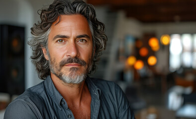 Obraz premium Handsome middle-aged man with curly hair and beard poses confidently in a cozy, modern cafe with ambient lighting