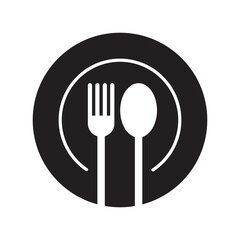 Fork and spoon in plate icon, Kitchen utensil sign, Dining cutlery silhouette design, Vector illustration