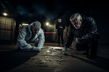 Police detective examining crime scene with forensic team. Generative AI