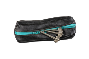 Black leather key holder on white background. Open the door of the house.