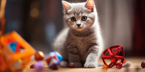 Adorable Fluffy Gray Kitten with Intriguing Eyes Amidst Colorful Playful Toys on Warm Backdrop