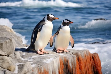 Two penguins standing atop a rock in their natural habitat.