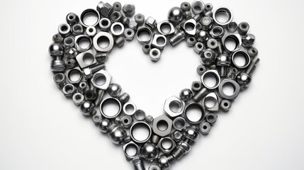 Heart laid out of bolts, nuts on a white background. Father's Day and wedding anniversary concept. - obrazy, fototapety, plakaty